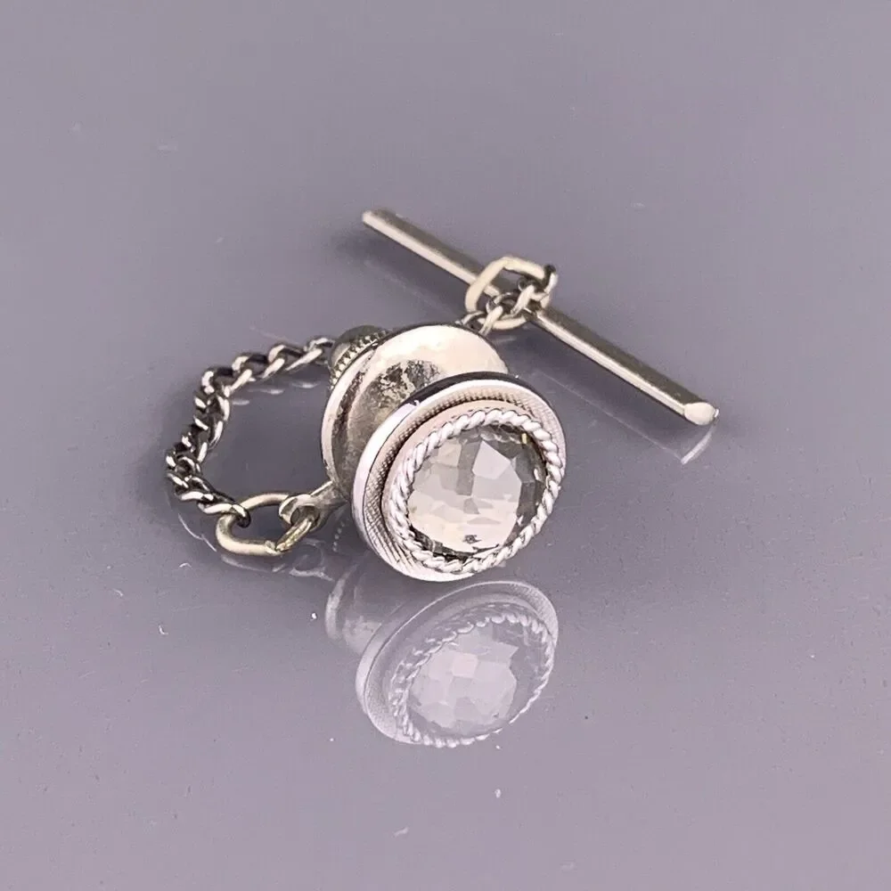 Gray Faceted Rhinestone Tie Tack Pin Silver Tone Round Swank Vintage